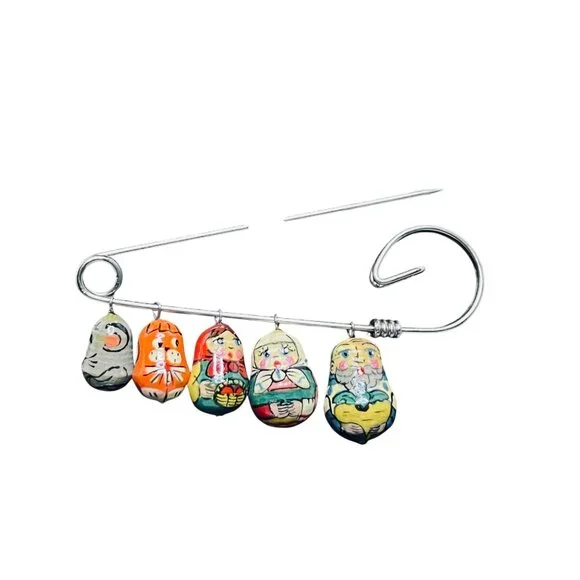 Hand Painted Russian Matryoshka Doll Charms On Silver-Tone Pin (5564) - Picture 2 of 4